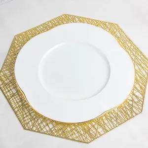 Factory Assiettes Mariage Dinnerware Vajilla Porcelain Gold Rim Bone China Dishes White Flowers Shape Wedding Charger Plate Set