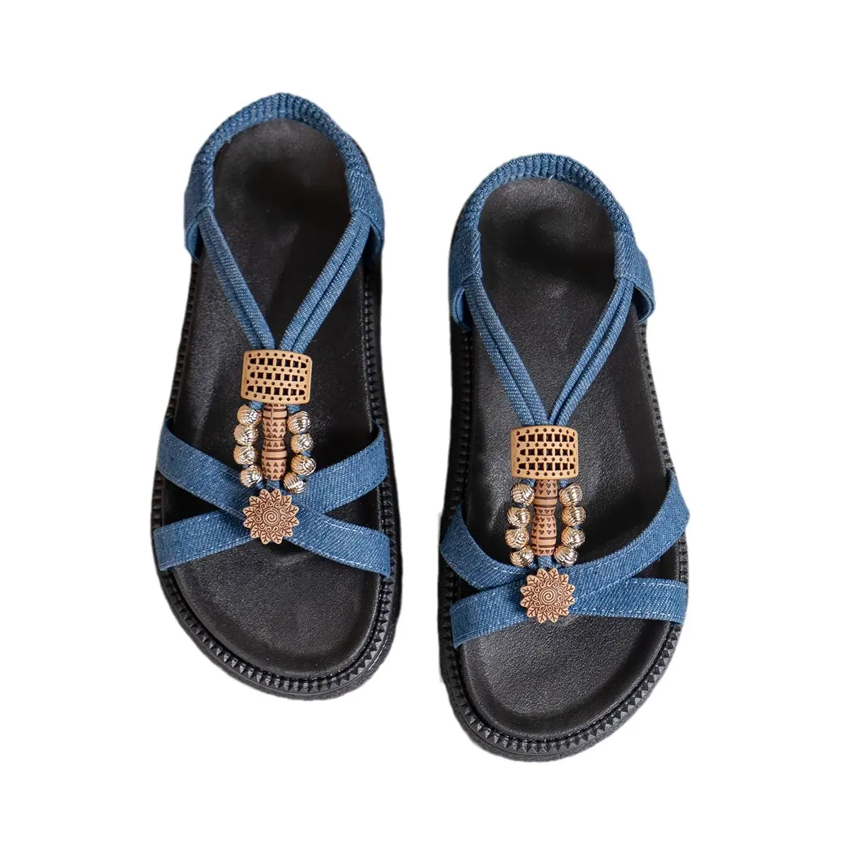 New Summer Beaded Beach Flat Sandals Bohemia Style Casual Black Wedge Sandals For Ladies