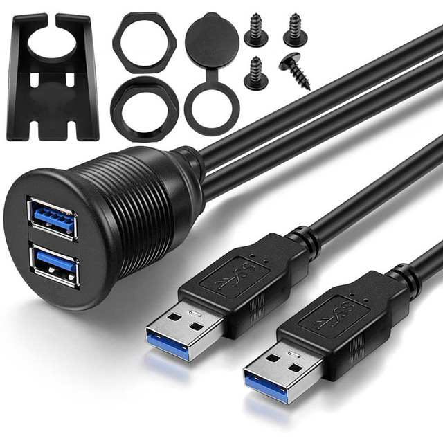 Dual Usb 3.0 Male to Usb 3.0 Female Aux Flush Mount Car Mount Extension Cable for Car Truck Boat Motorcycle Dashboard