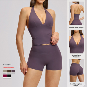 V Neck European <strong>American</strong> Yoga Set High Elasticity Quick Drying Hip Lifting Women's Gym <strong>Sports</strong> <strong>Bra</strong> Top &amp; Booty Shorts - Product Image 4