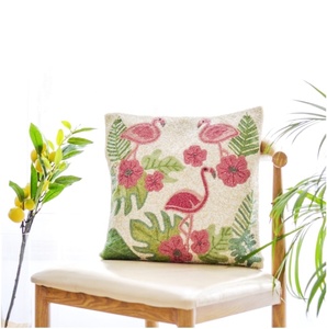 Floral Embroidered Square <b>Cushion</b> Cover With Flamingo And <b>Leaves</b> Design For Home Decor Bohemian Style Cotton Linen - Product Image 1