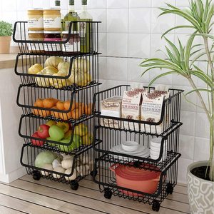 Oneup — <span class=keywords><strong>panier</strong></span> de rangement de cuisine en métal, à 4 niveaux, empilables, pour fruits et légumes, étagère avec <span class=keywords><strong>roulettes</strong></span> détachables - Product Image 3
