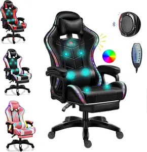 Silla de cuero para ordenador, Sillón de masaje completo con luz Led y altavoces, ideal para videojuegos y música