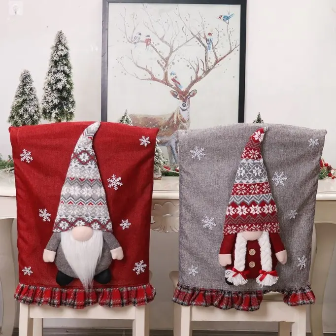 Xmas Removable Snowman Chair Slipcovers Gnome Plush Santa Christmas Chair Covers