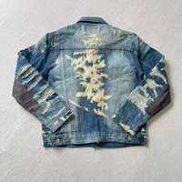 Veste en jean empilée de style vintage de haute qualité pour hommes longues techniques lavées fermeture éclair bleu déchiré Denim imprimé