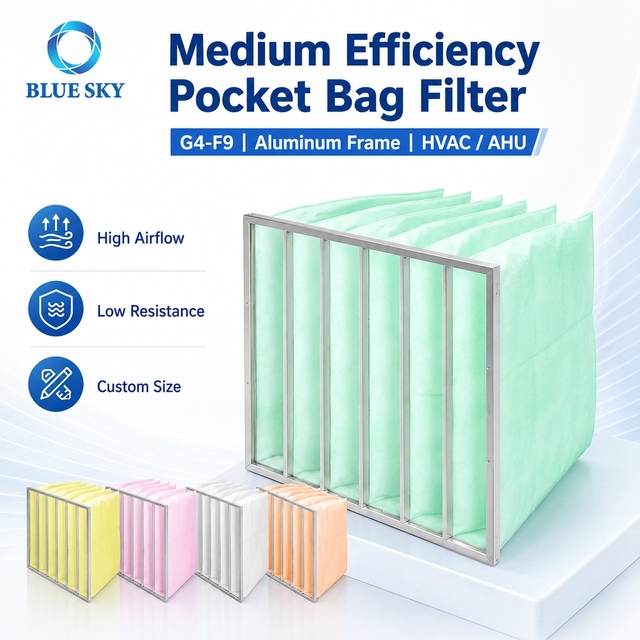 High Airflow Medium Efficiency Bag Filterwith Aluminum Frame G4/F5/F6/F7/F8/F9 for Central Air Conditioning HVAC Systems OEM/ODM