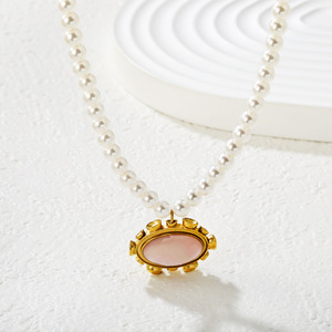 Pearl Necklace Oval Pink Mother Of Pearl Pendant <b>Gold</b> <b>Frame</b> Bezel Setting Everyday Wear Women's Fashion Jewelry Accessory - Product Image 2