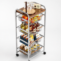 Chariot de rangement mobile pour cuisine, 4 niveaux de paniers en fil métallique, plateau supérieur en bois amovible, chariot de rangement roulant, étagère de rangement