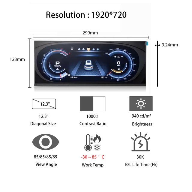 IVO 12.3'' 1920x720 Ultra-wide Stretched Bar Screen Dashboard Display 12.3 Inch Automotive Car Hud Display