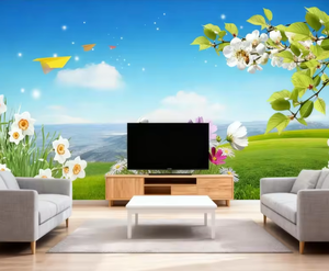 Papier peint paysage de prairie florale de printemps avec des avions en papier, papier peint scénique frais pour la décoration de restaurant et de bureau - Product Image 3