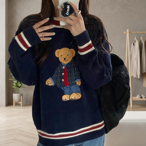Pull-over en maille style japonais pour femme, automne-hiver 2024, motif ours, oversize, Harajuku Kawaii, tricoté, S 40-50KG - Product Image 2