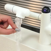 Robinet de lavabo à affichage numérique - Robinet de lavabo pliable en laiton blanc crème Robinet de salle de bain avec interrupteur eau chaude et froide pour évier