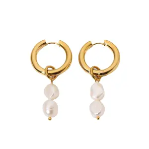 2021 New Modern 18K Gold Huggie Earring Design Double Freshwater Pearl Drops Stainless Steel Hoop Earrings For Women