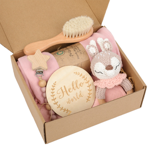 Juego de caja de regalo para Baby Shower recién nacido, juego de dormir para recién nacido de tela orgánica con Clip de chupete de ganchillo, envoltura de muselina con logotipo impreso Digital - Product Image 1