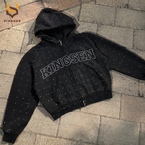 Sweat à capuche zippé pour homme en molleton épais 500 g/m² avec strass intégral style Hip Hop, personnalisable avec logo brodé - Product Image 1