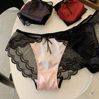Braguitas de satén morado de lujo para mujer, con malla ondulada, sin costuras, sexys, de corte triangular, de talle bajo, con lazo decorativo, transparentes y totalmente transpirables, ropa interior íntima.