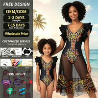 Maillot de bain une pièce personnalisé OEM à imprimé tribal africain, avec manches à volants et jupe en maille, pour mère et fille