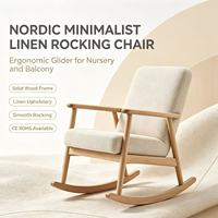 Fauteuil à bascule ergonomique en bois massif et lin beige naturel, style nordique minimaliste, pour chambre d'enfant et balcon, certifié CE RoHS