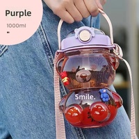 Bouteille d'eau mignonne pour enfants de 1000 ml/1400 ml avec paille, bouteille d'eau en plastique pour le sport en plein air, bouteille à boire mignonne pour filles à l'école