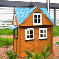 Ökofreundliches Holz-Spielhaus für Draußen mit Blauem Kunststoffdach, Servicefenster & Bank - Gartenhaus für Kinder