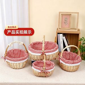 Woven <b>Storage</b> <b>Baskets</b> Round Red Checkered Linen With Lace Handle For Fruit Egg Flower Picnic Gift - Product Image 1