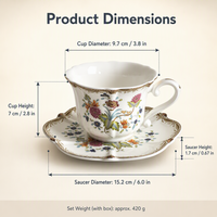 Ensemble tasse et soucoupe à café en céramique, motif floral coloré, style vintage européen, bord festonné et finition dorée, pour le thé de l'après-midi, 250 ml, réutilisable, pour la maison