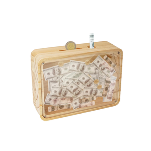 Nature Custom Extra-<b>Large</b> Wooden <b>Money</b> <b>Box</b> Clear Cash Vault Coin Bank for Adults and Kids Polished Pine Savings <b>Box</b> - Product Image 1