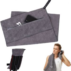 Serviette de sport en microfibre à capuche de haute qualité pour l'exercice, couleur unie, tricotée, avec poche zippée, sans logo - Product Image 1