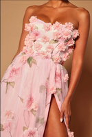 Robe de soirée élégante pour femme, sans bretelles, en mousseline rose, taille naturelle, avec fleurs 3D et fente haute, longue, pour bal de promo et mariages