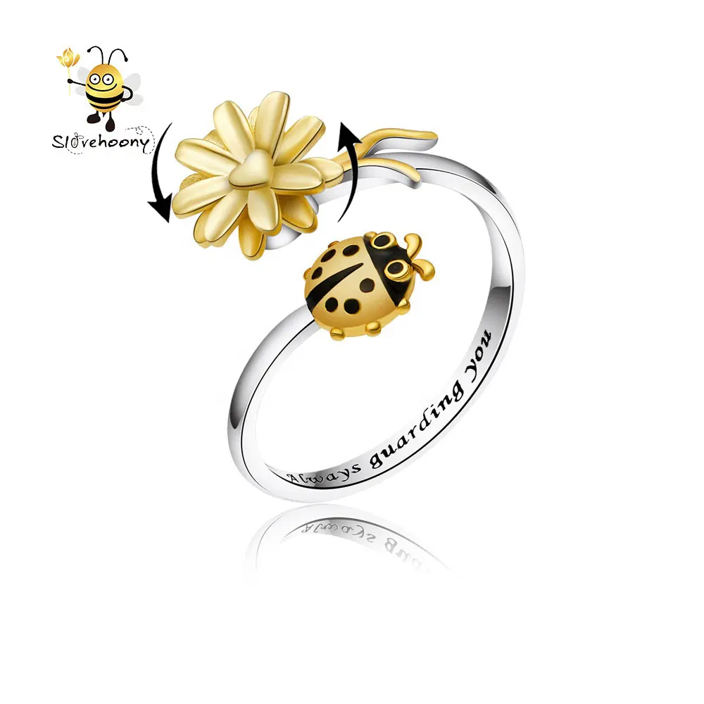 Slovehoony Yellow Sunflower Ring With Ladybug 925 Sterling Silver Adjustable Ring Ladybird 360 Degree Rotation For Women Jewelry