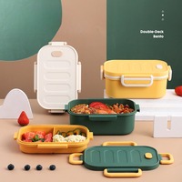 Kotak makan siang dua lapisan portabel, 1L silikon luar ruangan Bento siswa kreatif sederhana