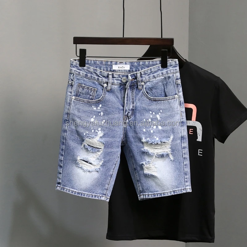 Summer men's jeans hole casual shorts washed high-quality shorts