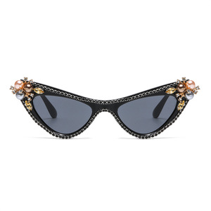 Jamie 2412B Cat Eye Sunglasses Black <b>Plastic</b> Frame Rhinestone Pearl Decor Women UV400 Protection - Product Image 5