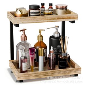 Estante de almacenamiento de madera de doble capa para encimera de baño, para artículos de aseo, productos de cuidado de la piel, expositor de tocador de 2 niveles independiente - Product Image 1