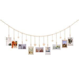 Perles rondes <span class=keywords><strong>en</strong></span> <span class=keywords><strong>bois</strong></span>, affichage de photos suspendu, corde de jute, perles de <span class=keywords><strong>bois</strong></span>, clip à glands, cadre photo, rangement, décoration murale - Product Image 5
