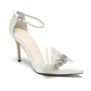 定制新娘鞋2024设计师尖头缎女细高跟鞋奢华钻石定制白色婚鞋