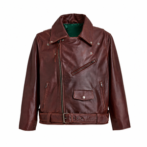 Giacca da Motociclista in <span class=keywords><strong>Pelle</strong></span> Personalizzata per <span class=keywords><strong>Uomo</strong></span>, Stile Vintage in Vera <span class=keywords><strong>Pelle</strong></span> con Orlo Asimmetrico e Cintura - Product Image 1
