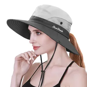 כובע שמש לנשים עם חור קוקו שוליים רחבים הגנת UV חיצוני כובע חוף לדיג טיולי גן