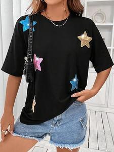 T-Shirt nere da donna di nuovo arrivo su tutto con <span class=keywords><strong>paillettes</strong></span> ricamate a maniche corte con scollo rotondo con motivo a stelle e <span class=keywords><strong>paillettes</strong></span> personalizzate t-Shirt - Product Image 2