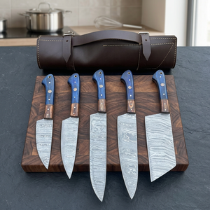 Damascus Steel Kitchen <b>Knife</b> <b>Set</b> 5-Piece Wood Handle Straight Back Bevel Edge Chef <b>Knives</b> - Product Image 3