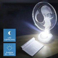Ventilateur de table solaire 12 pouces USB rechargeable compatible AC/DC avec télécommande équipée veilleuse 4-8 heures d'autonomie 3W