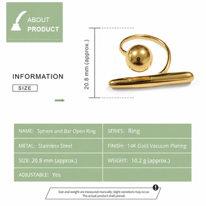 Anillo Abierto Ajustable con Esfera y Barra, Acero Inoxidable, Chapado al Vacío en Oro de 14K, Joyería Escultural - Product Image 2