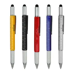 Multifunctional 6 In 1 Custom Logo Color Metal Ballpoint Pens Engineering Pen With Cm/inch Scale And Water Level Function