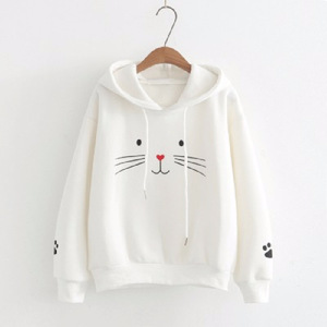 Cat Print Hooded Sweatshirt Women Long Sleeve Thick Warm Cartoon Knitted Pullover Female Student Style White - Product Image 1