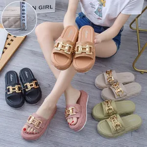 Cross border korean style slip on bath room mental chain slippers slides ladies women