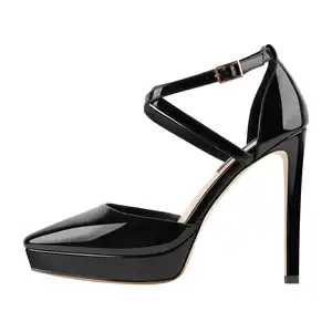 Black Patent Leather 2cm Platform Pointed Toe Cross Buckle Strap 12-13cm High Heels Women's Pumps Dress Shoes