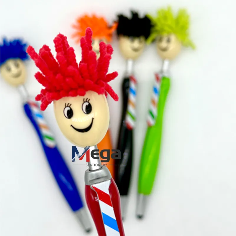 Publicidad Bolígrafo de plástico Figura divertida con corbata Cabeza de muñeca de dibujos animados con fregona de pelo Top Stylus Mop Doll Heads Pen