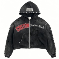 Hoodie Pria Custom Acid Wash Bordir Vintage Y2K High Street Musim Dingin Oversized Ramah Lingkungan Bahan Bernapas 380gsm