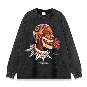 T-shirt a Maniche Lunghe da Uomo Serie Hip Hop <span class=keywords><strong>Rap</strong></span> Stampata, Effetto Invecchiato e Lavato, Vendita Calda - Product Image 1