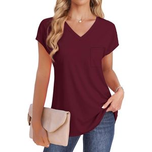 T-shirt col en V pour femme, manches courtes, bordeaux, avec poche, haut décontracté d'été, jersey de coton respirant, taille M - Product Image 3